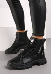 Czarne Traperki Botki na Grubej Podeszwie z Ozdobnym Suwakiem Floraline. Czarne traperki Born2be, bez wzorów, z futra, klasyczne, z okrągłym noskiem, bez obcasa, na płaskiej podeszwie, bez zapięcia. Za 99.99 zł.