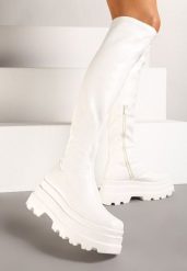 Białe Caualowe Kozaki w Stylu Muszkieterek na Platformie Leniefra. Białe kozaki Renee, bez wzorów, z jeansu, eleganckie, bez obcasa, na obcasie, bez zapięcia. Za 159.99 zł.