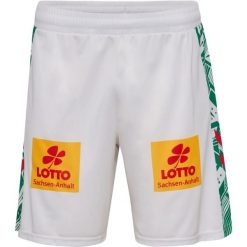 Szorty zewnętrzne FC Magdeburg 2025/26. Białe szorty sportowe Hummel, bez wzorów, z materiału, na fitness i siłownię. Za 174.50 zł.