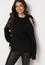 Czarny Sweter Ozdobiony Kokardą i Wycięciem Noredi. Czarne swetry Born2be, na zimę, bez wzorów, z jeansu, eleganckie, bez ramiączek. W wyprzedaży za 110.49 zł.