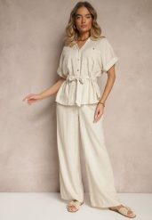 Beżowy Komplet z Bawełną Spodnie i Koszula z Paskiem Rinaretea. Brązowe koszule Renee, l, bez wzorów, z bawełny, eleganckie, bez kołnierzyka, bez ramiączek. W wyprzedaży za 143.99 zł.
