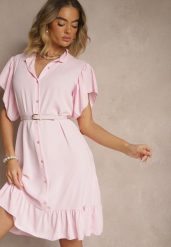 Różowa Koszulowa Sukienka Ozdobiona Falbankami i Guzikami Tenelora. Czerwone sukienki Renee, na co dzień, bez wzorów, eleganckie, bez kołnierzyka, bez ramiączek, midi, koszulowe. W wyprzedaży za 47.99 zł.