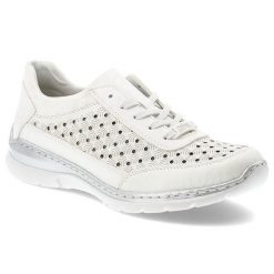 Półbuty damskie Rieker, skóra naturalna perforowana cholewka sznurowany fason lekka elastyczna podeszwa okrągły nosek, białe, L3217-80. Białe półbuty wsuwane Rieker, bez wzorów, ze skóry, z okrągłym noskiem, bez obcasa, na płaskiej podeszwie. Za 349.00 zł.