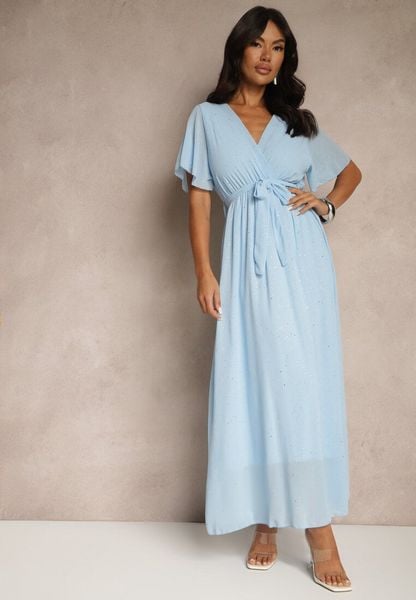 Niebieska Koktajlowa Brokatowa Sukienka z Paskiem Addlea. Niebieskie sukienki Renee, na co dzień, s, bez wzorów, eleganckie, bez kołnierzyka, bez ramiączek, maxi, kopertowe. Za 129.99 zł.