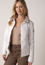 Biała Dwustronna Kurtka Pikowana Ozdobiona Naszywką i Panterką Nemopis. Białe kurtki Born2be, l, z aplikacjami, z jeansu, bez kaptura. Za 139.99 zł.