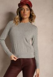 Szary Casualowy Sweter z Wiskozą z Ozdobnymi Detalami z Cyrkonii Edaloriae. Szare swetry Renee, m, bez wzorów, z wiskozy, casualowe, bez ramiączek. W wyprzedaży za 87.99 zł.