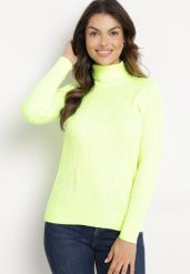Jasnożółty Golf Prążkowany Tormila. Żółte swetry Born2be, m, z aplikacjami, z jeansu, eleganckie, bez ramiączek. W wyprzedaży za 67.99 zł.