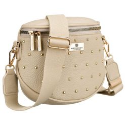 Beżowa nerka damska ze skóry ekologicznej ozdobiona ćwiekami - Peterson. Brązowe nerki i saszetki Peterson, bez wzorów, ze skóry ekologicznej, bez dodatków. Za 70.00 zł.