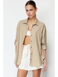 Trendyol Koszula w kolorze beżowym rozmiar: 34. Brązowe koszule Trendyol, bez wzorów, bez kołnierzyka, bez ramiączek. Za 78.99 zł.