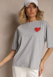 Szary T-shirt z Bawełny Ozdobiony Sercem Ranira. Szare t-shirty Renee, z aplikacjami, z bawełny, bez kołnierzyka, bez ramiączek. W wyprzedaży za 63.99 zł.