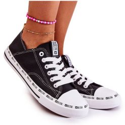 Damskie Trampki Big Star Ażurowe Czarne FF274023. Czarne trampki z aplikacjami, z gumy, retro, bez zapięcia. Za 228.69 zł.