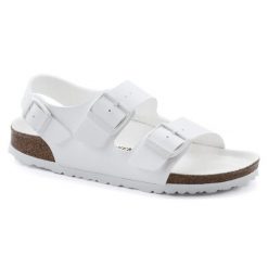 Sandały damskie Birkenstock Milano. Białe sandały Birkenstock, bez wzorów, młodzieżowe, bez obcasa, bez zapięcia. Za 234.99 zł.