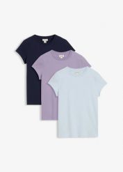 T-shirt (3 szt.). Fioletowe t-shirty bonprix, bez wzorów, bez kołnierzyka, bez ramiączek. Za 97.99 zł.