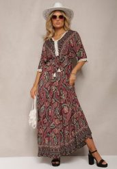 Czarno-Bordowa Długa Sukienka w Stylu Etno Ozdobiona Wzorem Paisley i Chwostami Opiraisa. Czarne sukienki Renee, l, bez wzorów, boho, bez kołnierzyka, bez ramiączek, maxi. W wyprzedaży za 76.99 zł.
