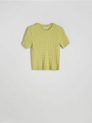 Sweter z ozdobnym splotem - zielony. Zielone swetry Reserved, l, bez wzorów, z dzianiny, bez ramiączek. Za 89.99 zł.