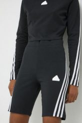 Adidas szorty damskie kolor czarny z aplikacją high waist. Czarne szorty adidas, z aplikacjami, z bawełny. Za 159.99 zł.