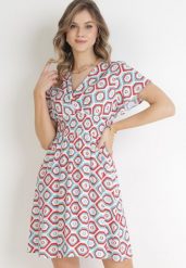 Czerwono-Biała Sukienka Mini z Wiskozy z Gumką w Pasie i Kopertowym Dekoltem Karisa. Czerwone sukienki Born2be, l, bez wzorów, z wiskozy, bez kołnierzyka, bez ramiączek, mini, kopertowe. Za 69.99 zł.