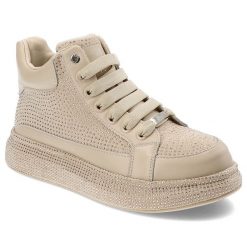 Beżowe Sneakersy Goe Stylowe Błyszczące Obuwie Damskie. Brązowe buty treningowe GOE, na wiosnę, z aplikacjami, z materiału, bez zapięcia. Za 422.99 zł.