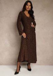 Brązowa Rozkloszowana Sukienka Longsleeve w Zebrę Zdobiona Brokatem Mevilisa. Brązowe sukienki Renee, l, z aplikacjami, klasyczne, bez kołnierzyka, bez ramiączek, maxi, rozkloszowane. Za 169.99 zł.