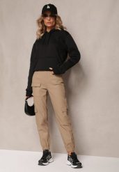 Beżowe Spodnie Bojówki High Waist ze Ściągaczami Serenzo. Brązowe jeansy Renee, l, bez wzorów, z jeansu, eleganckie, z podwyższonym stanem. W wyprzedaży za 91.99 zł.