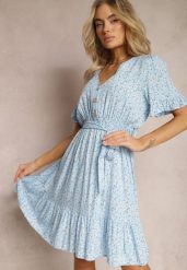 Niebieska Rozkloszowana Sukienka Wiskozowa Mini w Kwiatowy Print z Falbanką Taelle. Niebieskie sukienki Renee, m, bez wzorów, z wiskozy, bez kołnierzyka, bez ramiączek, mini, rozkloszowane. W wyprzedaży za 55.99 zł.