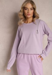 Jasnofioletowa Bluza z Okrągłym Dekoltem i Ozdobnym Suwakiem Saren. Fioletowe bluzy Renee, bez wzorów, z bawełny, casualowe, bez ramiączek, bez kaptura. W wyprzedaży za 75.99 zł.