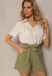 Zielone Casualowe Szorty w Stylu Bermudów z Bawełny z Materiałowym Paskiem i Wszytą z Tyłu Gumką Lovanara. Zielone szorty Renee, bez wzorów, z bawełny, eleganckie. W wyprzedaży za 47.99 zł.