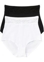 Figi panty shape, średni stopień modelowania sylwetki (2 pary). Czarne figi bonprix, bez wzorów, z koronki. Za 84.99 zł.