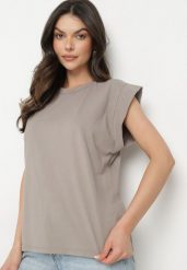 Brązowy Bawełniany Top z Falbanką przy Ramionach Galantia. Brązowe topy Born2be, s, bez wzorów, z bawełny, eleganckie, bez kołnierzyka, bez ramiączek. Za 79.99 zł.
