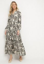 Beżowo-Szara Sukienka z Wiskozą o Rozkloszowanym Kroju z Motywem Roślinnym Edionilira. Brązowe sukienki Born2be, na spacer, l, bez wzorów, z wiskozy, eleganckie, bez kołnierzyka, bez ramiączek, maxi, rozkloszowane. W wyprzedaży za 127.49 zł.