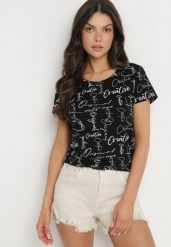 Czarny T-shirt z Bawełny Zdobiony Nadrukiem z Napisami Mirindela. Czarne t-shirty Born2be, l, z aplikacjami, z bawełny, eleganckie, bez kołnierzyka, bez ramiączek. W wyprzedaży za 29.74 zł.