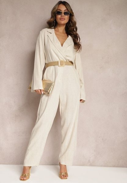 Jasnobeżowy Kombinezon z Paskiem z Plecionki Kopertową Górą i Zwężającymi się Nogawkami Avnja. Brązowe sukienki Renee, l, bez wzorów, eleganckie, bez kołnierzyka, bez ramiączek, kopertowe. Za 139.99 zł.