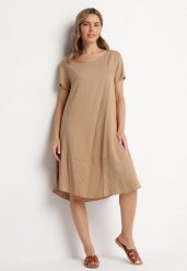 Ciemnobeżowa Rozkloszowana Wiskozowa Sukienka Trivoria. Brązowe sukienki Born2be, na co dzień, l, bez wzorów, z materiału, eleganckie, bez kołnierzyka, bez ramiączek, midi, rozkloszowane. Za 89.99 zł.