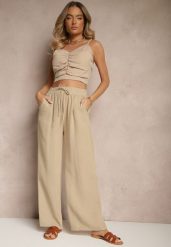Beżowe Szerokie Spodnie Palazzo High Waist z Ozdobnym Wiązaniem Arandiel. Brązowe jeansy Renee, l, bez wzorów, z jeansu, street, z podwyższonym stanem. W wyprzedaży za 29.99 zł.