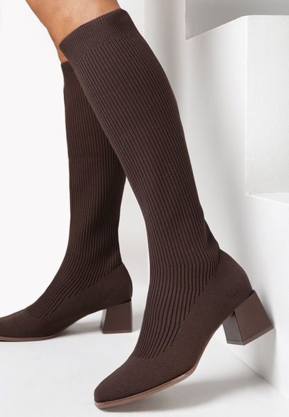 Brązowe Kozaki z Elastyczną Cholewką Melaste. Brązowe kozaki Born2be, bez wzorów, z dzianiny, klasyczne, bez obcasa, na obcasie, bez zapięcia. Za 149.99 zł.