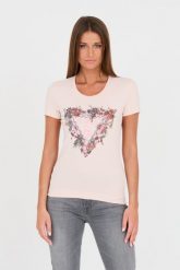 GUESS Różowy t-shirt z logo. Czerwone t-shirty Guess, s, z aplikacjami, z bawełny, bez kołnierzyka, bez ramiączek. W wyprzedaży za 184.99 zł.