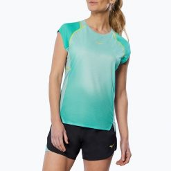 Koszulka do biegania damska Mizuno Aero Tee. Niebieskie t-shirty sportowe Mizuno, s, bez wzorów, z materiału, bez ramiączek, do biegania. Za 149.99 zł.