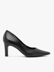 Czarne eleganckie czółenka na obcasie. Czarne czółenka Ryłko, bez wzorów, ze skóry, eleganckie, bez obcasa, na obcasie, bez zapięcia. Za 379.99 zł.