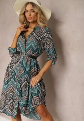Czarno-Niebieska Koszulowa Sukienka z Bawełnianej Tkaniny z Mozaikowym Wzorem Tesahina. Czarne sukienki Renee, na spotkanie biznesowe, l, bez wzorów, z bawełny, boho, bez kołnierzyka, bez ramiączek, midi, dopasowane. W wyprzedaży za 63.99 zł.