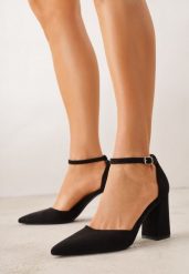 Czarne Czółenka z Imitacji Zamszu na Słupku z Noskiem w Szpic Violetto. Czarne czółenka Born2be, bez wzorów, z jeansu, biznesowe, bez obcasa, na słupku, bez zapięcia. Za 89.99 zł.