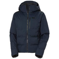 Kurtka puchowa damska Helly Hansen Jell Race. Niebieskie kurtki narciarskie Helly Hansen, na zimę, bez wzorów, z puchu, z kapturem, narciarskie. W wyprzedaży za 1,113.00 zł.