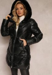 Czarna Kurtka Pikowana z Futerkiem i Kapturem Asmina. Czarne kurtki Renee, l, bez wzorów, z jeansu, eleganckie. Za 229.99 zł.
