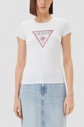GUESS Biały damski t-shirt z logo z cyrkoniami Triangle Rhinestones, Rozmiar XL. Białe t-shirty Guess, xl, z aplikacjami, eleganckie, bez kołnierzyka, bez ramiączek. Za 239.99 zł.