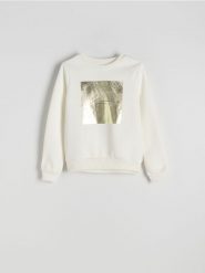 Bawełniana bluza z nadrukiem - złamana biel. Bluzy Reserved, l, bez wzorów, z bawełny, bez kaptura. W wyprzedaży za 69.99 zł.