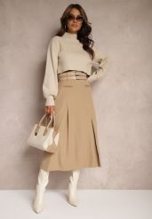 Beżowa Rozkloszowana Spódnica z Gumką w Pasie Wykończona Ozdobnymi Paskami Evirenie. Brązowe spódnice Renee, na co dzień, l, bez wzorów, eleganckie, midi, dopasowane. W wyprzedaży za 127.99 zł.