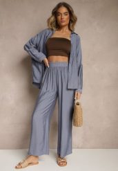 Niebieski Komplet Oversize z Koszulą i Spodniami Ulonelia. Niebieskie koszule Renee, l, bez wzorów, eleganckie, bez kołnierzyka, bez ramiączek. W wyprzedaży za 99.99 zł.