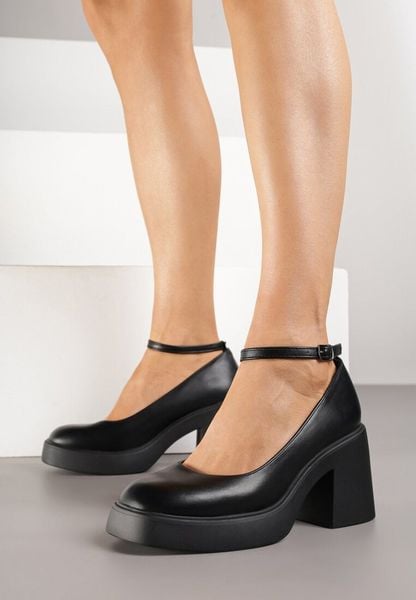 Czarne Eleganckie Czółenka na Platformie i Słupku Jesivia. Czarne czółenka Renee, bez wzorów, z lakierowanej skóry, biznesowe, bez obcasa, na obcasie, bez zapięcia. Za 99.99 zł.