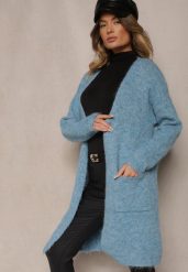 Niebieski Kardigan Niezapinany z Wełną i Kieszeniami Miathinae. Niebieskie swetry Renee, bez wzorów, z jeansu, eleganckie, bez ramiączek. W wyprzedaży za 151.99 zł.