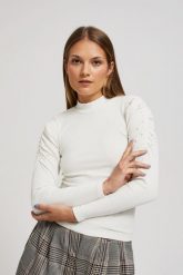 Bluzka z bufiastymi rękawami perłowa. Białe bluzki MOODO, l, bez wzorów, z elastanu, bez kołnierzyka, bez ramiączek. W wyprzedaży za 17.99 zł.