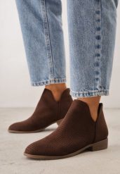 Ciemnobrązowe Płaskie Botki Vices z Wycięciem Felilia. Brązowe botki Born2be, bez wzorów, z jeansu, eleganckie, bez obcasa, na płaskiej podeszwie, bez zapięcia. Za 119.99 zł.